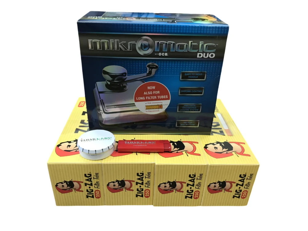 Zigaretten-Stopfer OCB Mikromatic Duo + 1000 ZIG ZAG Hülsen + Feuerzeug + Tabakascher Markenprodukt