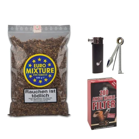 Top-Seller EURO MIXTURE Pipe Tobacco 250g + 200 Aktivkohlefilter + Pfeifenbesteck + Pfeifenfeuerzeug
