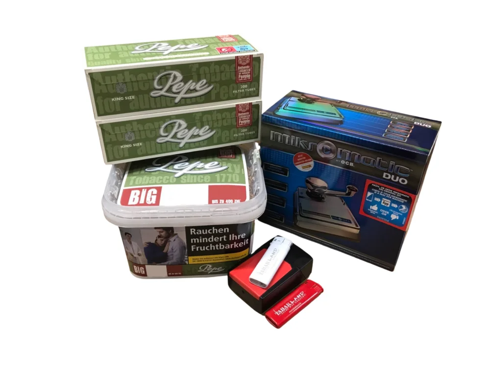 PEPE Rich Green Tabak 170g + Micromatic Duo Stopfmaschine + 400 Pepe Hülsen + Etui inkl. 2 x Feuerzeug Preiswert