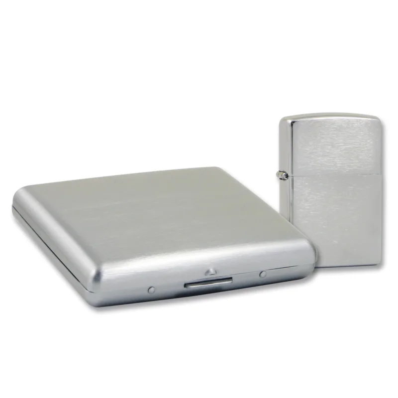 Echt ZIPPO chrom gebürstet mit Zigaretten Etui als Geschenkset