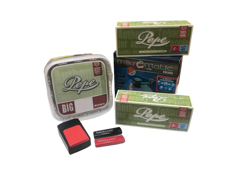 PEPE Bright Green Tabak 170g + Micromatic Duo Stopfmaschine + 400 Pepe Hülsen + Etui inkl. 2 x Feuerzeug Neu Im Sortiment