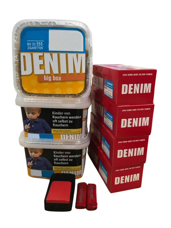 3x DENIM Volumentabak Big Box 160g + 1000 DENIM Hülsen + Etui inkl. 2x Feuerzeuge Expressversand