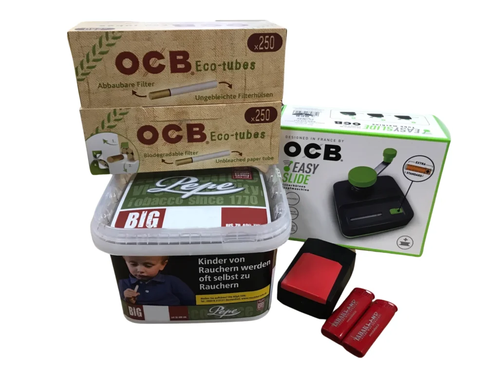 Neue Ware PEPE Rich Green 170g Eimer + 500 OCB Organic Hülsen + OCB Easy Slide Big + Etui inkl. 2 Feuerzeuge