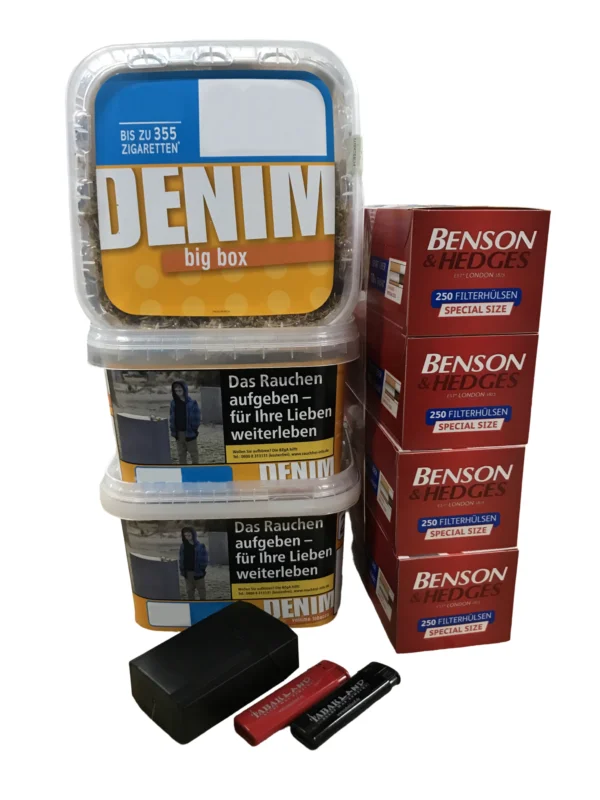 3x DENIM Volumentabak Big Box 160g + 1000 Benson&Hedges + Etui inkl. 2 Feuerzeuge Preiswert