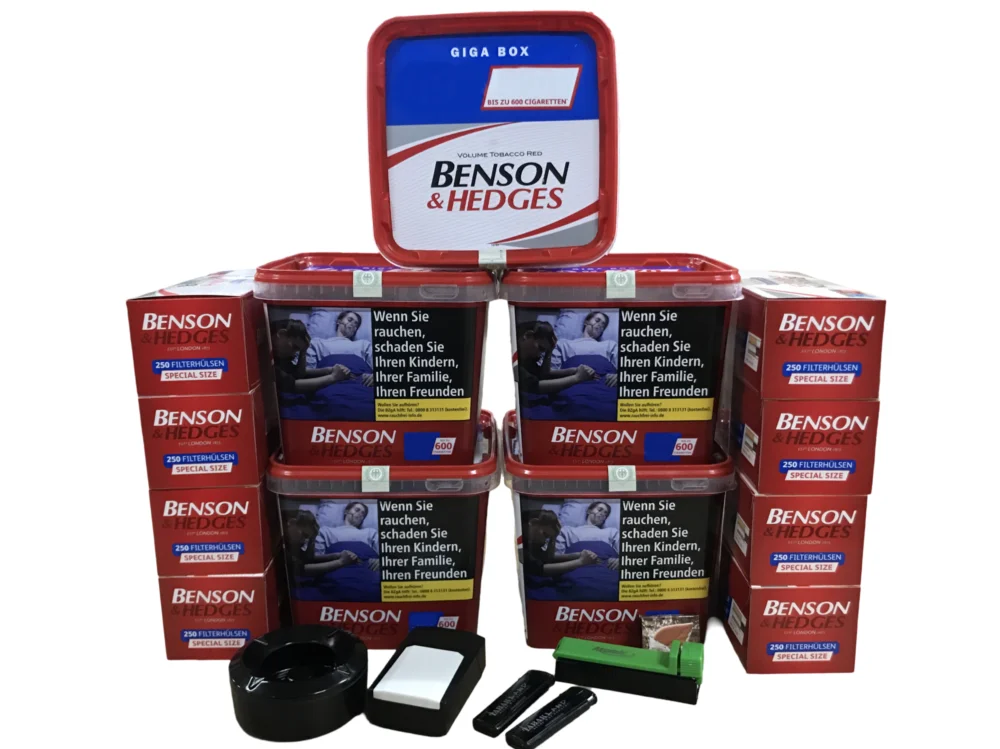 5x BENSON & HEDGES Volumen Red 115g + 2000 Benson&Hedges Hülsen + Windascher + Atomic Stopfer + Etui inkl. 2 Feuerzeuge + Tabakbefeuchterstein (BRAUN) Nur Heute