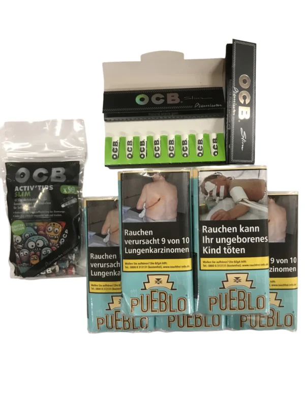 5x PUEBLO Blue Pouches + 1x OCB Activ Tips Slim 7mm Limited Edition + 1x OCB Schwarz Premium Long Slim + 8 Activ'Tips 7 mm + 1x OCB Premium Long Slim Zertifiziert
