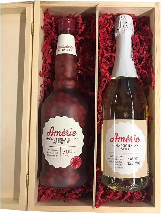 Heißes Angebot Sasse Amérie Münsterländer Aperitif 700 ml 16% vol. & Amérie Chardonnay Sekt 750 ml 12% vol. im Set - Geschenkbox für Genießer