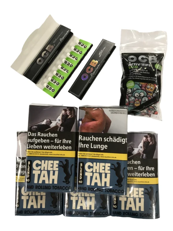 Kracherpreis 5x Pouches CHEE TAH Tabak Blau NO.40 + 1x OCB Activ Tips Slim 7mm Limited Edition + 1x OCB Schwarz Premium Long Slim + 8 Activ'Tips 7 mm + 1x OCB Premium Long Slim