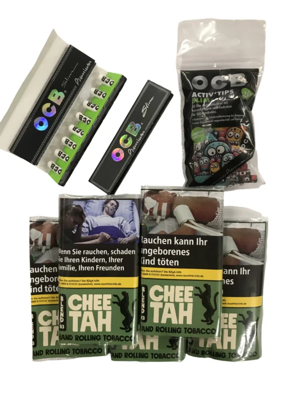 5x Pouches CHEE TAH Grün No.83 + 1x OCB Activ Tips Slim 7mm Limited Edition + 1x OCB Schwarz Premium Long Slim + 8 Activ'Tips 7 mm + 1x OCB Premium Long Slim Nur Heute
