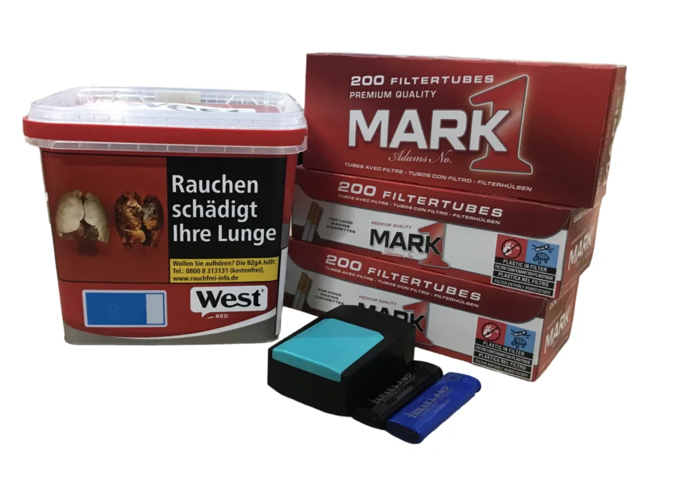 WEST Red Volume Tobacco 265g + 600 Mark1 Hülsen + Etui inkl. 2 Feuerzeuge Garantierte Lieferung