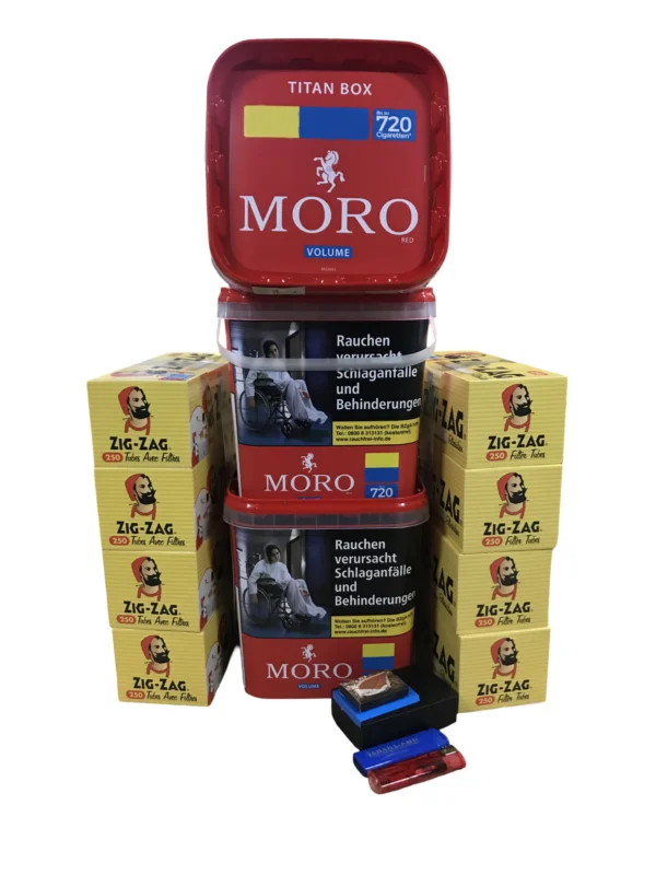 Solange Der Vorrat Reicht 3x MORO Volumen Titan Box 310g + 2000 Zig-Zag Hülsen + Etui inkl. 2 Feuerzeuge + Tabakbefeuchterstein (BRAUN)