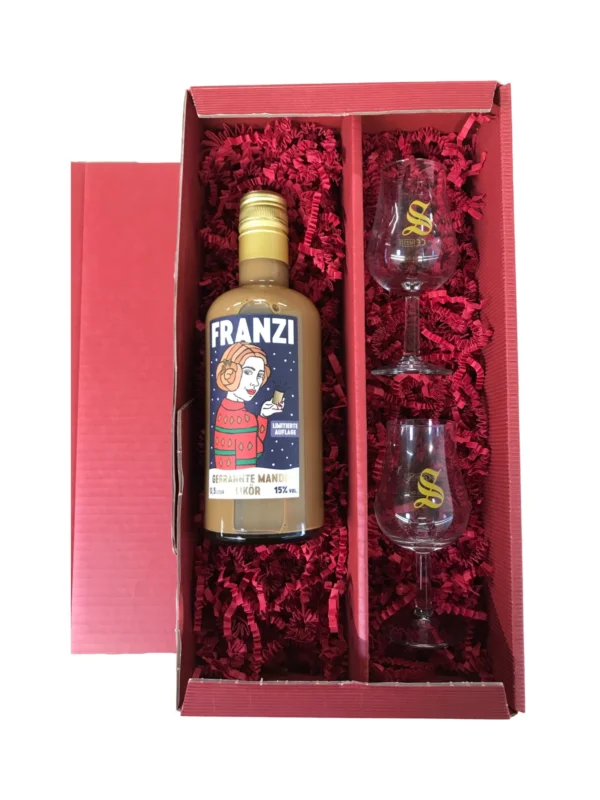 Likör FRANZI Gebrannte Mandel 15% Vol. + 2 hochwertige "S" Gläser im Geschenkset Sonderangebot