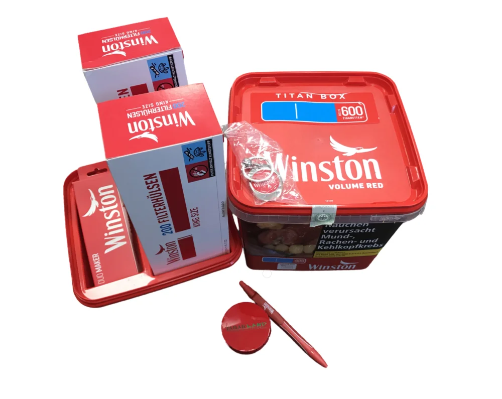 AKTION! Winston Rot Titan Box + 400 Winston Papierfilterhülsen + Winston Duo Maker + Tabakland Ascher + Kugelschreiber + Tray + Schlüsselhänger Heißes Angebot