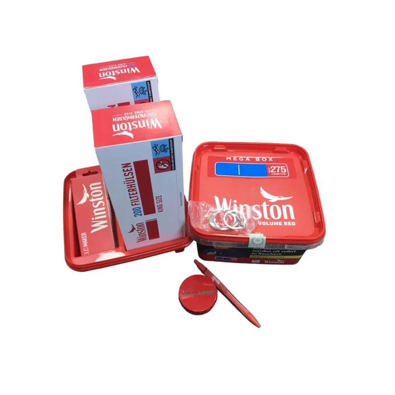 Geprüft AKTION! Winston Rot Mega Box + 400 Winston Papierfilterhülsen + Winston Duo Maker + Tabakland Ascher + Kugelschreiber + Tray + Schlüsselhänger