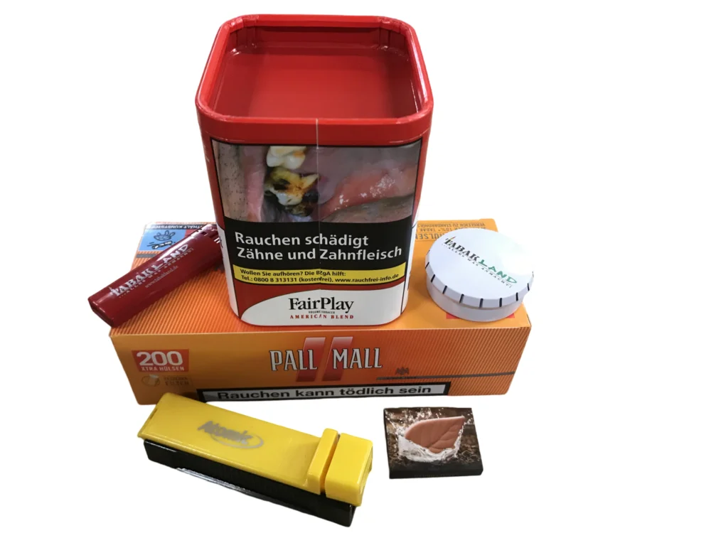 Top-Preis FAIR PLAY Dose + 200 Pall Mall Allround Hülsen + Feuerzeug + Tabakascher+ Atomic Stopfer + Tabakbefeuchterstein (BRAUN)