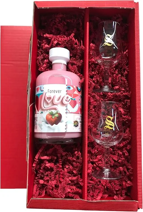 Forever Love Geschenkset | Erdbeer-Sahnelikör | 18% Vol. | 500ml | Vegan & Laktosefrei | Cremiger Genuss mit fruchtiger Note | Inkl. 2 hochwertige Gläser (Signatory-Tastingglas) Saisonangebot