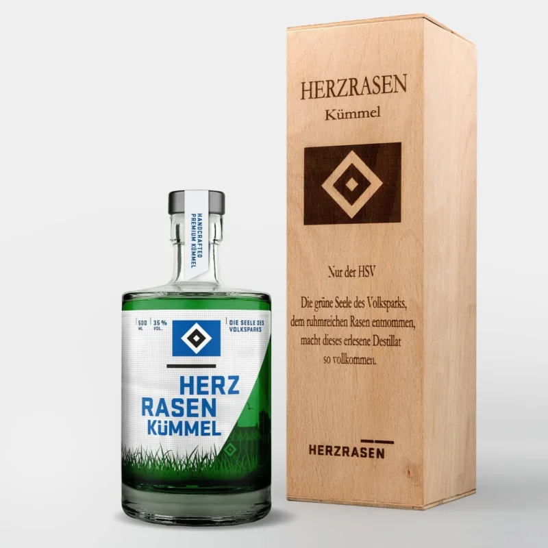 HSV Geschenkbox Kümmel Holzbox Holzkiste mit 0,5 l HSV Kümmel mit Original Hamburger Volksparkstadion Rasen, Hamburg Must-Have