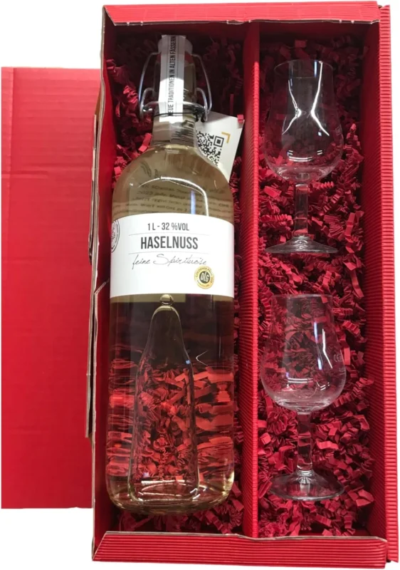 BIRKENHOF Haselnuss Geschenkset | 40% Vol. | 1000ml | Inkl. 2 Gläsern | Verschiedene Geschenkoptionen (roter Geschenkkarton, Tastingglas) Kostenloser Rückversand