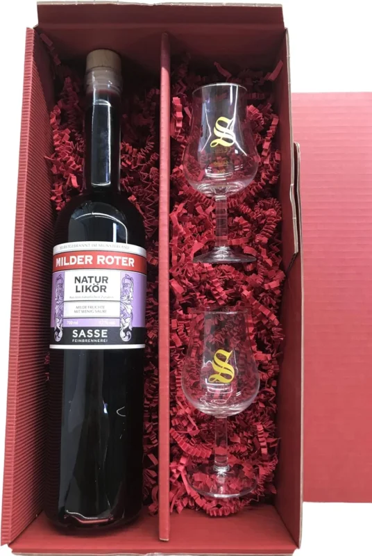 Must-Have Sasse Milder Roter Heidelbeerlikör 17% 0,7 Ltr. Naturlikör + 2 hochwertige Signatory-Gläser mit 2 und 4 cl Eichstrich im Geschenkset