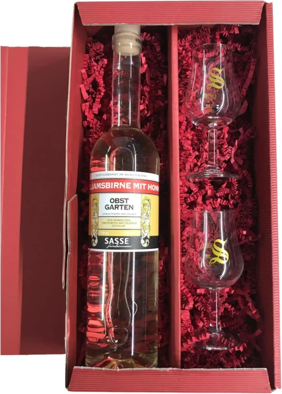 Sasse Williamsbirne mit Honig Naturlikör 35% 0,7 Ltr. Birnenlikör + 2 hochwertige Signatory-Gläser mit 2 und 4 cl Eichstrich im Geschenkset Top-Preis