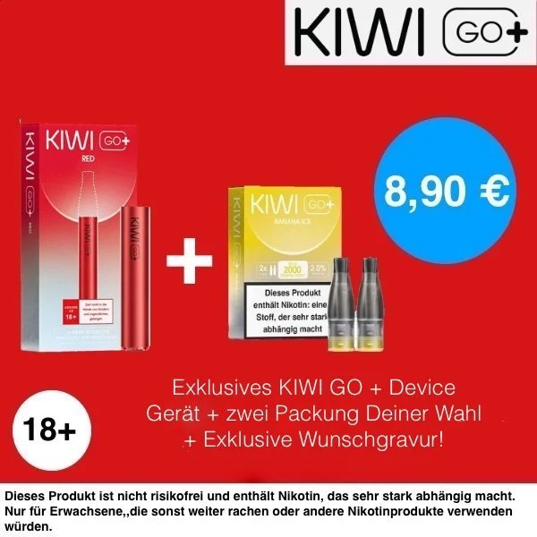 1+1 | 1x Kiwi Go+ Plus Device Red+ 1x Kiwi Go Plus Pods Caramel Tobacco 20mg(2er Pack) Sonderangebot