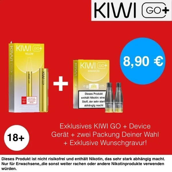 1+1 | 1x Kiwi Go+ Plus Device Yellow + 1x Kiwi Go Plus Pods Caramel Tobacco 20mg(2er Pack) Knallerangebot