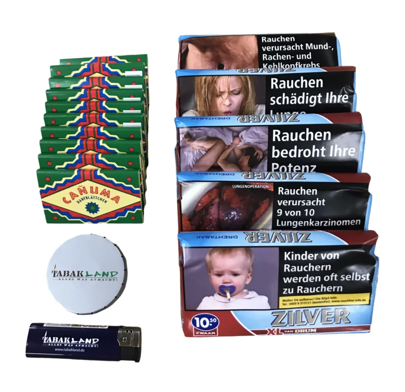 5x Zilver van DRUM Zwaar 50g + 10 Heftchen Canuma(100 Blatt) + Taschenascher + Feuerzeug Saisonangebot