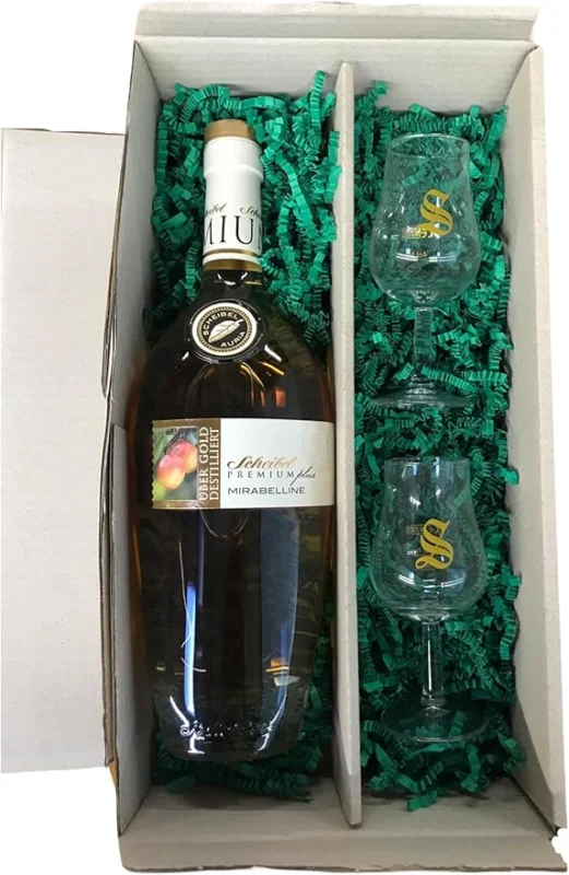 Frohe Ostern Geschenkset - Scheibel Mirabelline 40% Vol. + 2 hochwertige Signatory-Gläser (1 x 0,7 Ltr.) Geprüft