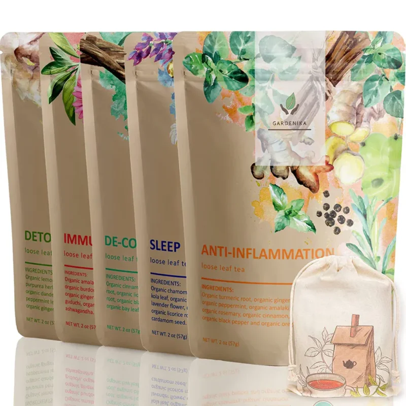 Gardenika Loser Blatt Kräutertee Geschenkset, USDA Bio, Koffeinfrei, 120+ Tassen – 5er Pack Günstig
