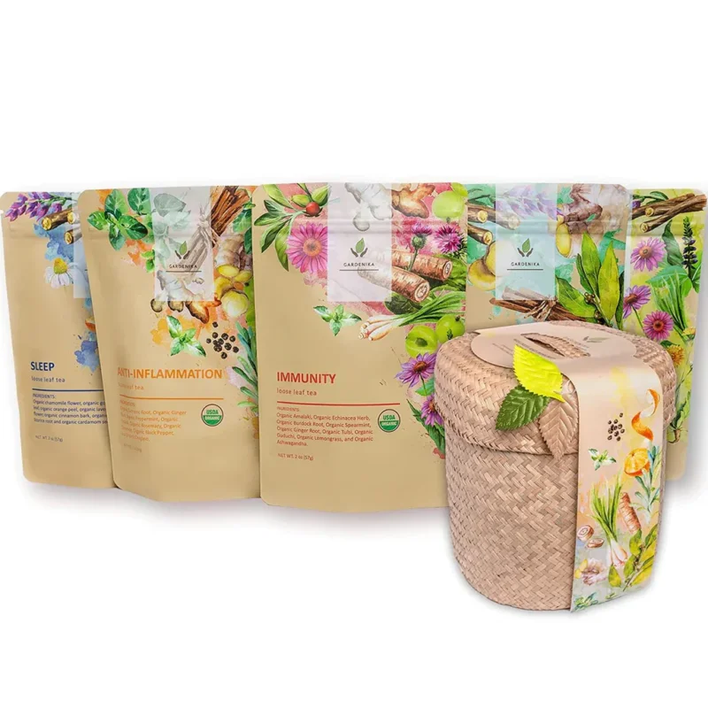 Schnäppchen Gardenika Loser Blätter Kräutertee Geschenkset, USDA Bio, Koffeinfrei, Ayurvedisch, Wellness & Immunsystem Unterstützung 120+ Tassen – 5er Pack