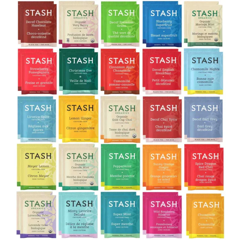 Stash Kräuter- und koffeinfreie Teebeutel-Sampler - Koffeinfrei - 50 Stk., 25 Geschmacksrichtungen Neu