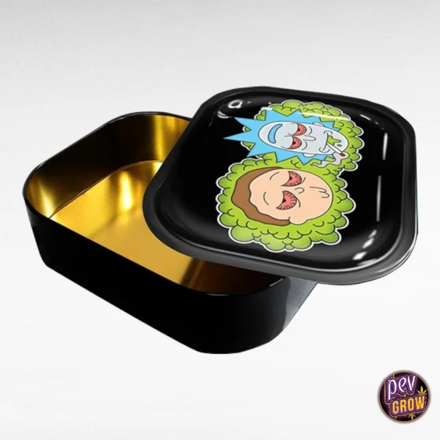 Saisonangebot Metall-Rolling Tray mit Stash-Box – Ricky & Morty Design · 18x14 cm