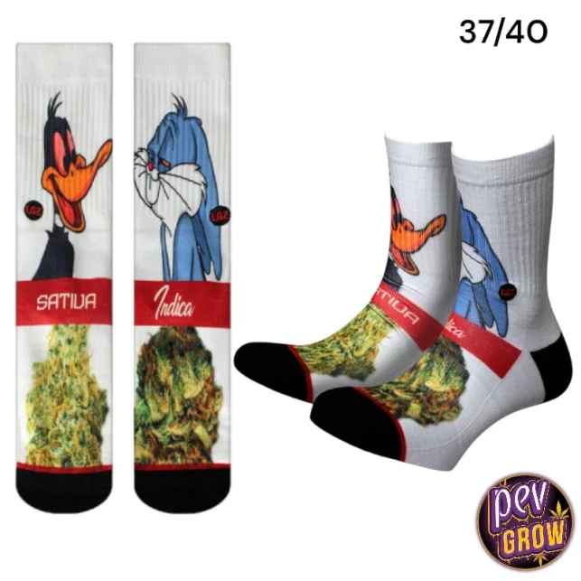 420 Daffy Duck & Bugs Bunny Weed Socken – Sativa vs Indica Design · Bequeme Crew-Länge für jeden Stoner-Look Garantierte Lieferung