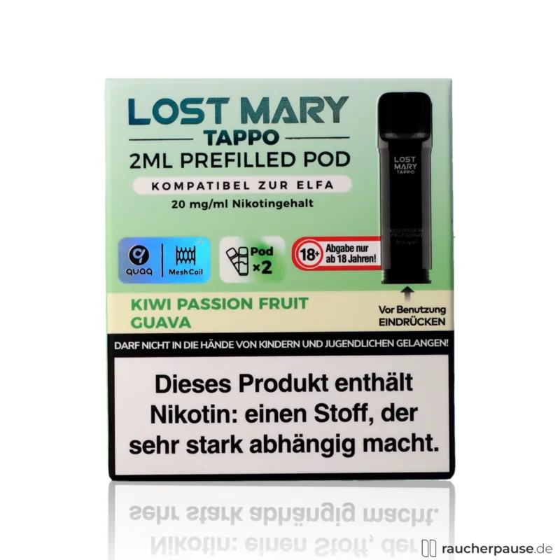 Neue Kollektion Lost Mary Tappo Pods | Kiwi Passionfruit Guava | 20mg Nikotin | 2x2ml | QUAQ Mesh Coil