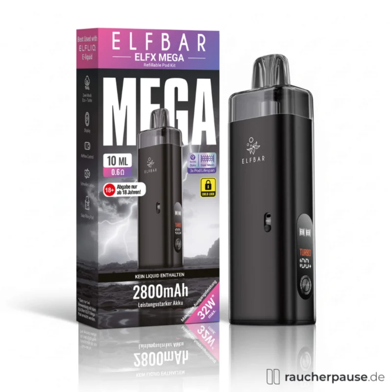 Direktkauf Elfbar ELFX Mega Pod Kit Schwarz | 2800 mAh Akku | 10 ml Tank | MTL & RDL | Dual Mesh Coil | Turbo & Eco Modus